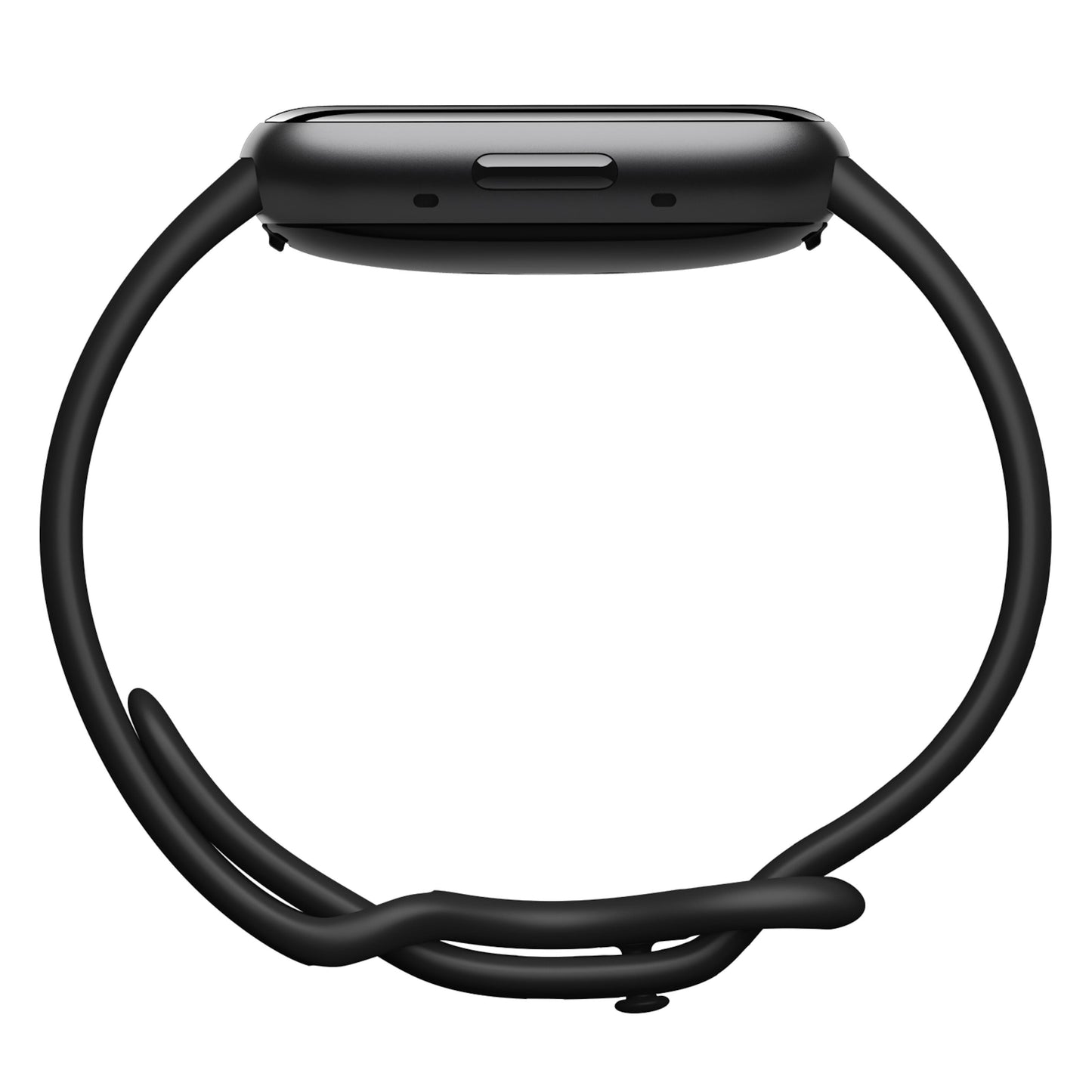 Fitbit Versa 4 aktivitetsur sort/graphite fra siden med tynd profil, GPS-knap, sensoråbninger og løs sort rem med spænde.