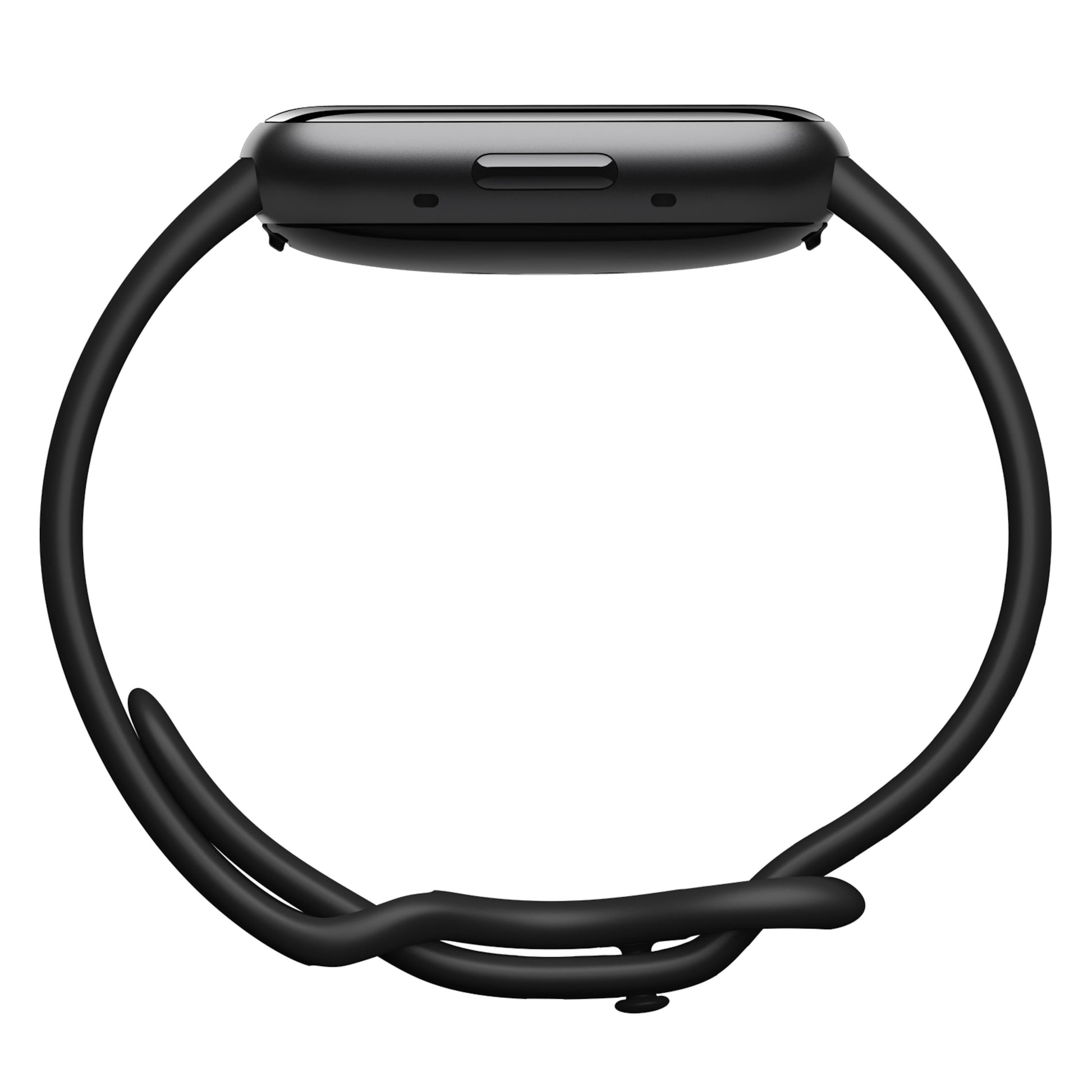 Fitbit Versa 4 aktivitetsur sort/graphite fra siden med tynd profil, GPS-knap, sensoråbninger og løs sort rem med spænde.