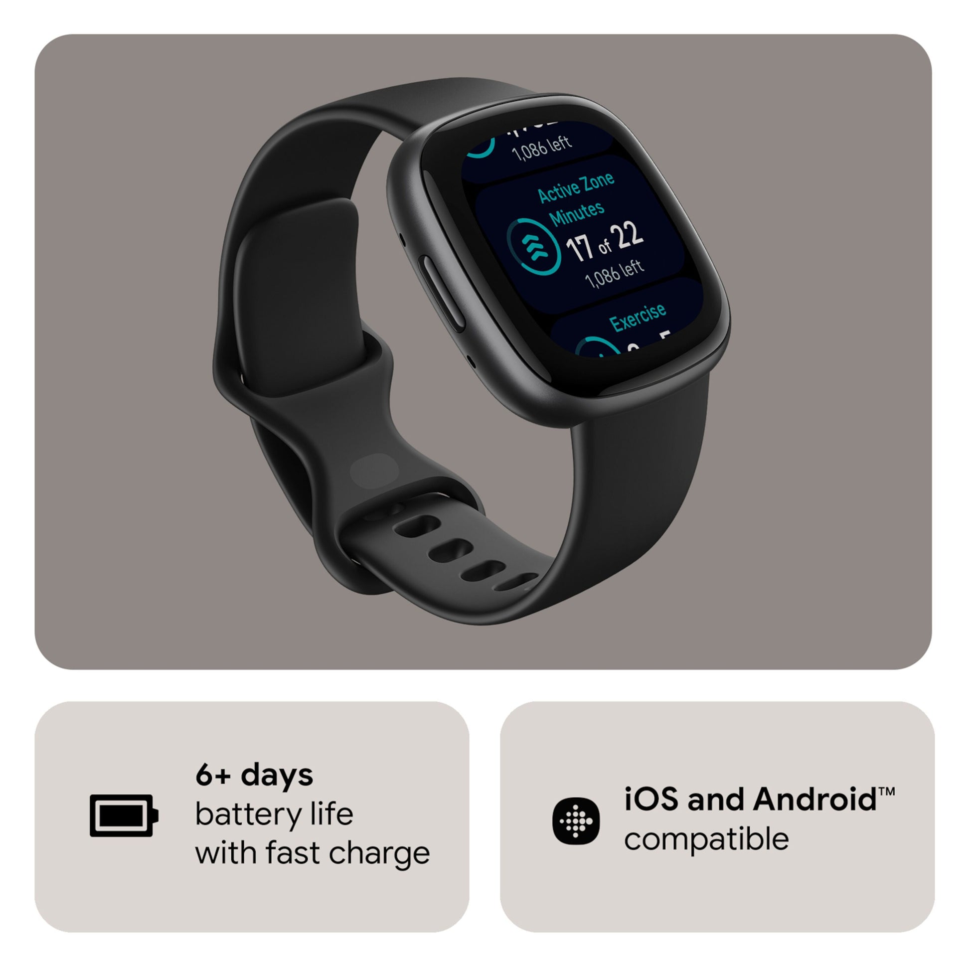Fitbit Versa 4 aktivitetsur sort/graphite viser skærm med GPS, 6+ dages batteri, hurtig opladning, iOS/Android support.
