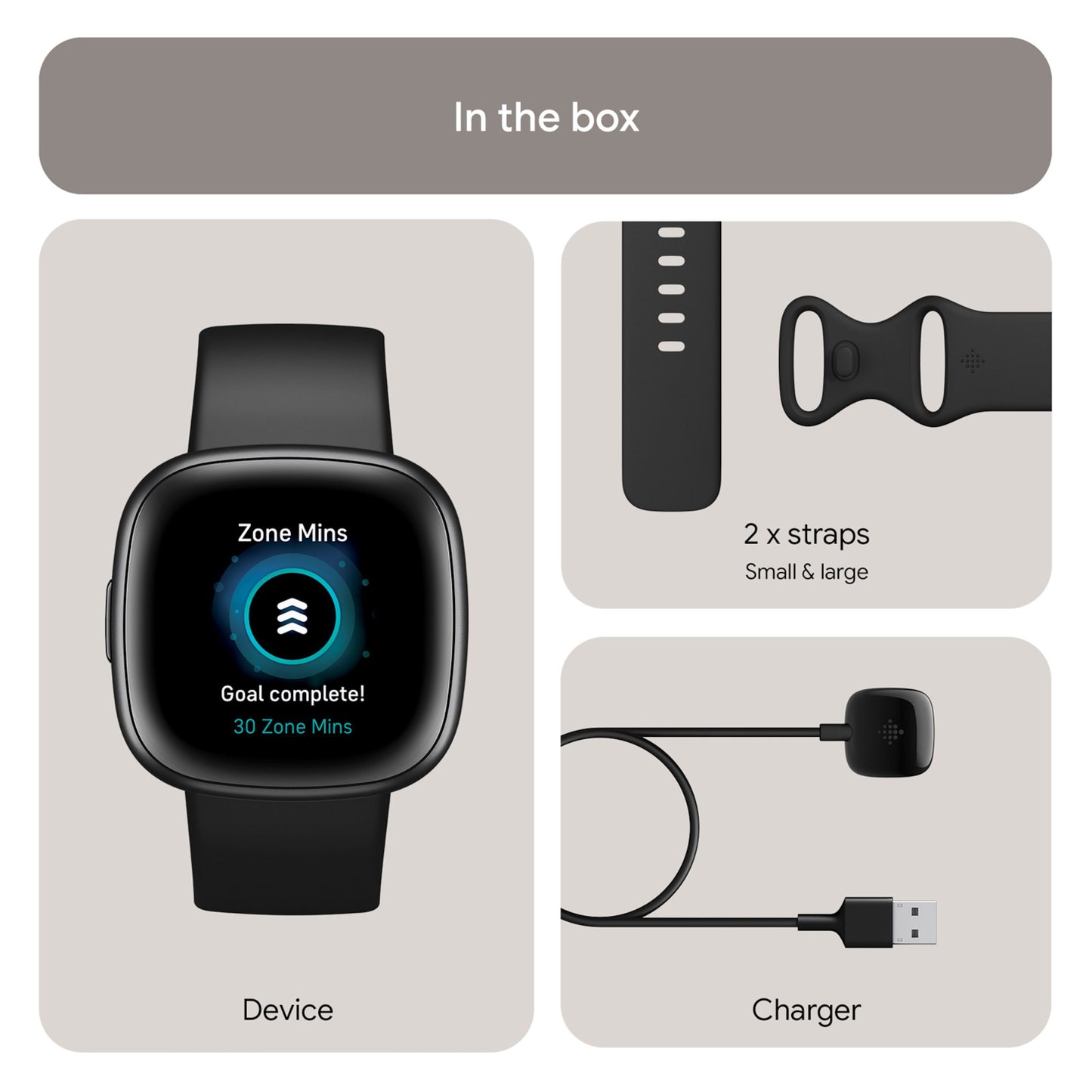 Fitbit Versa 4 aktivitetsur sort/graphite, "Goal complete 30 Zone Mins" på display, to remme, USB oplader, GPS.