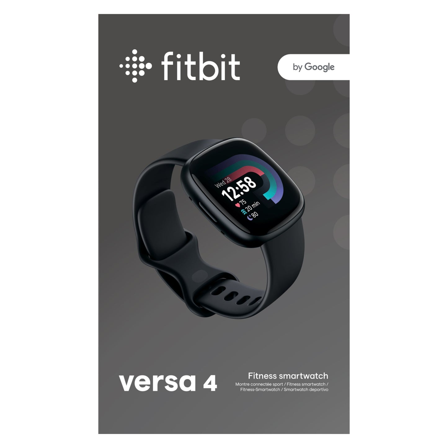 Fitbit Versa 4 aktivitetsur sort/graphite på emballage med Fitbit og Google logo, viser digital tid, sundhedsdata, GPS.