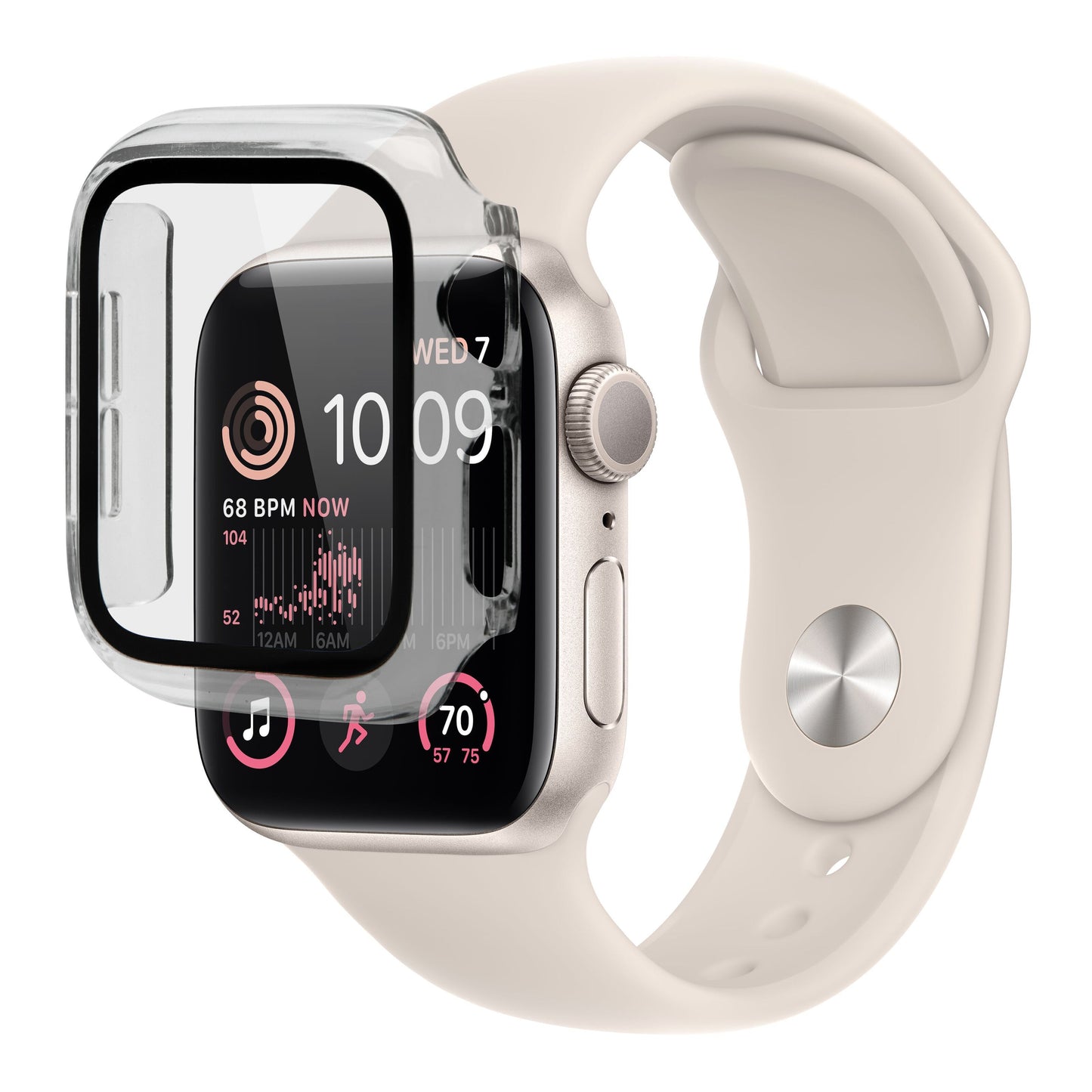 Smartwatch beige med lyserødt rem viser sundhedsdata, Linocell Apple Watch cover m. skærmbeskyttelse 40 mm delvist påsat.