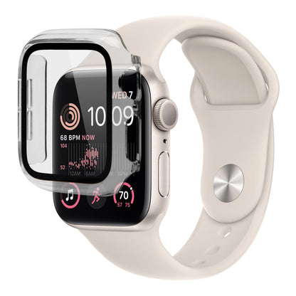 Smartwatch beige med lyserødt rem viser sundhedsdata, Linocell Apple Watch cover m. skærmbeskyttelse 40 mm delvist påsat.