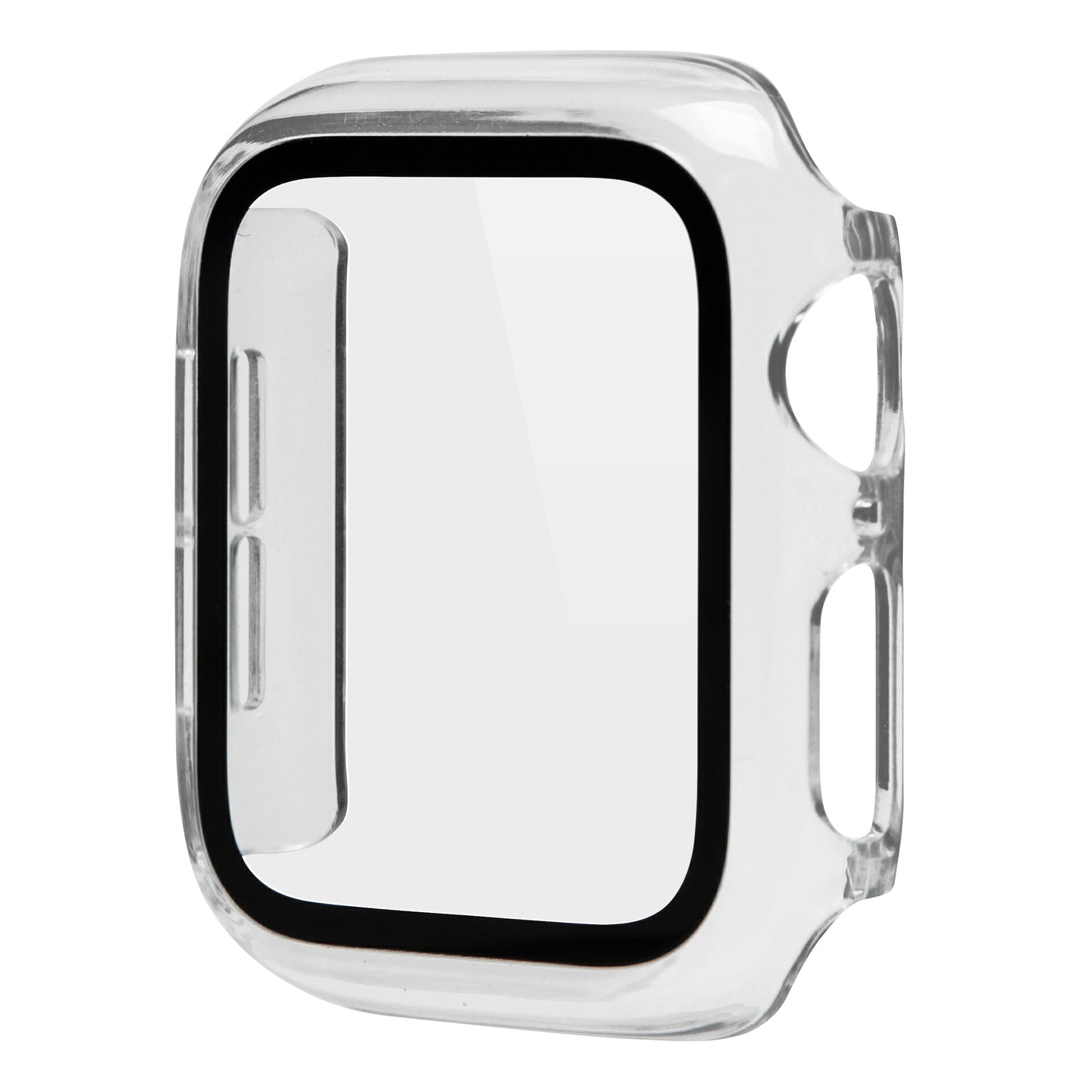 Apple Watch cover 40 mm transparent med sorte kanter og hærdet glas skærmbeskyttelse rektangulært design.