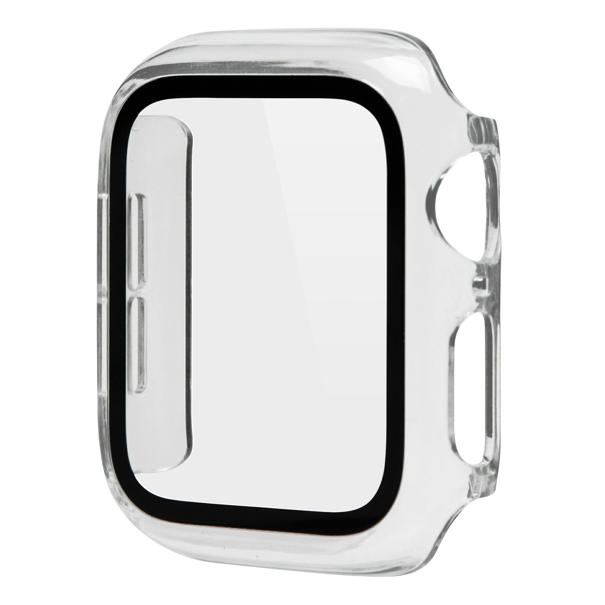 Apple Watch cover 40 mm transparent med sorte kanter og hærdet glas skærmbeskyttelse rektangulært design.