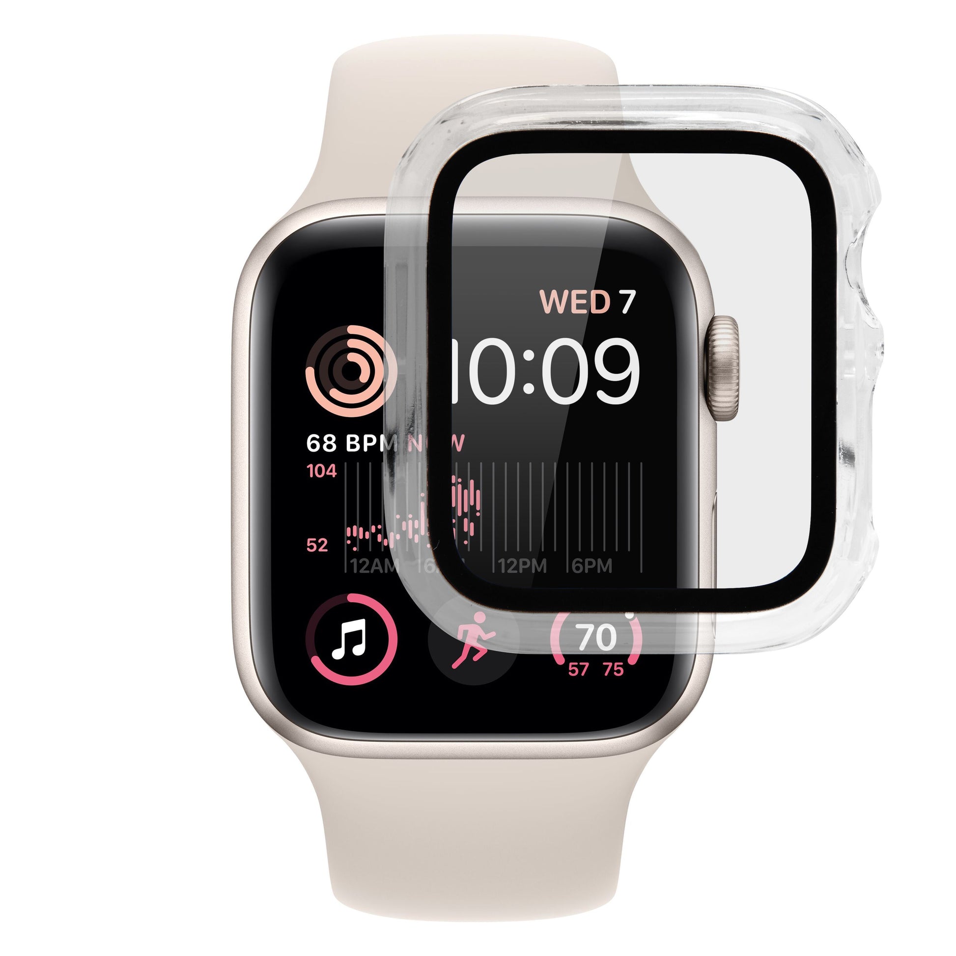 Apple Watch 40 mm cover med skærmbeskyttelse, vist på ur med lys rem og skærm der viser sundhedsdata.