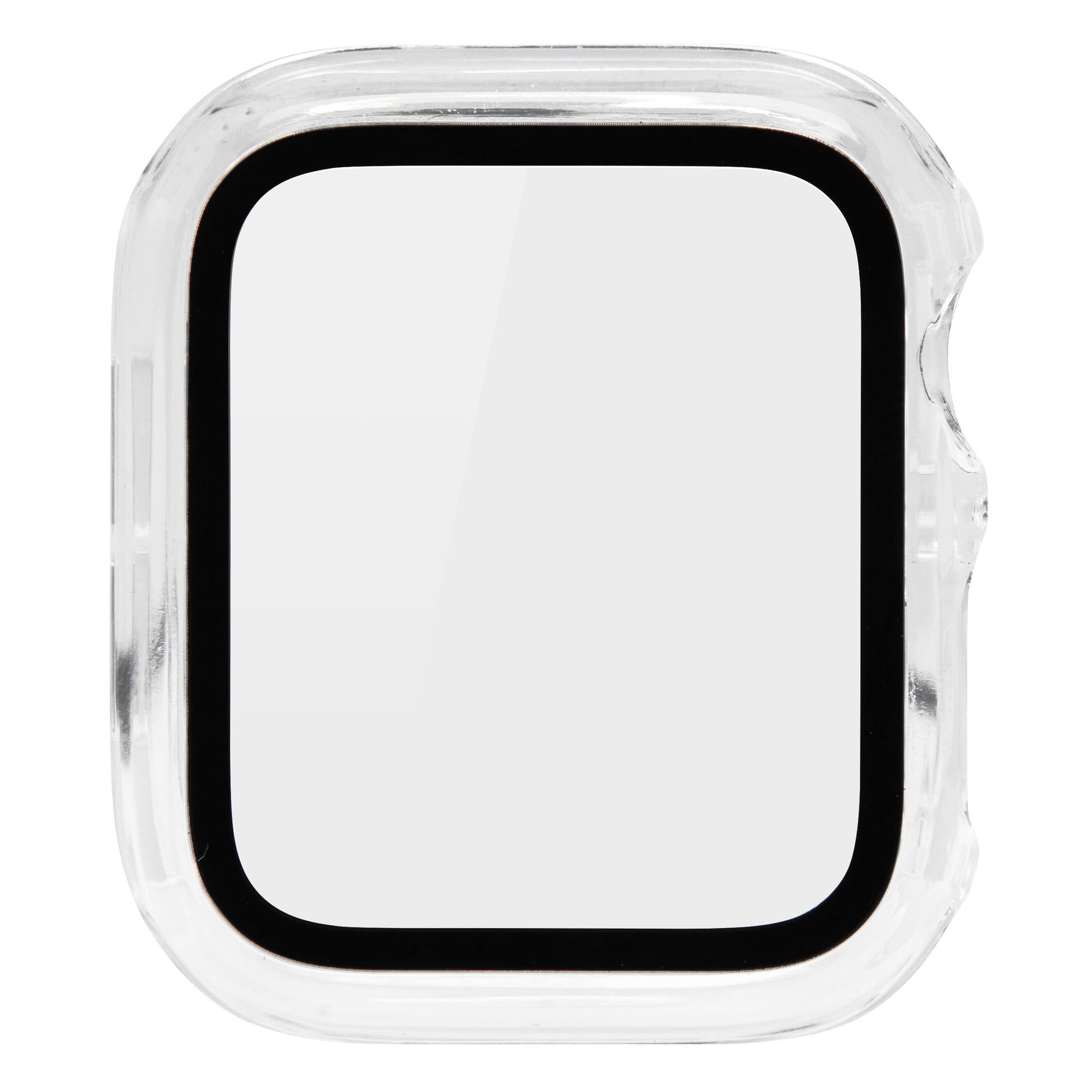 Apple Watch cover 40 mm gennemsigtig plast, afrundet firkant med sort inderside og åbning på siden, skærmbeskyttelse.