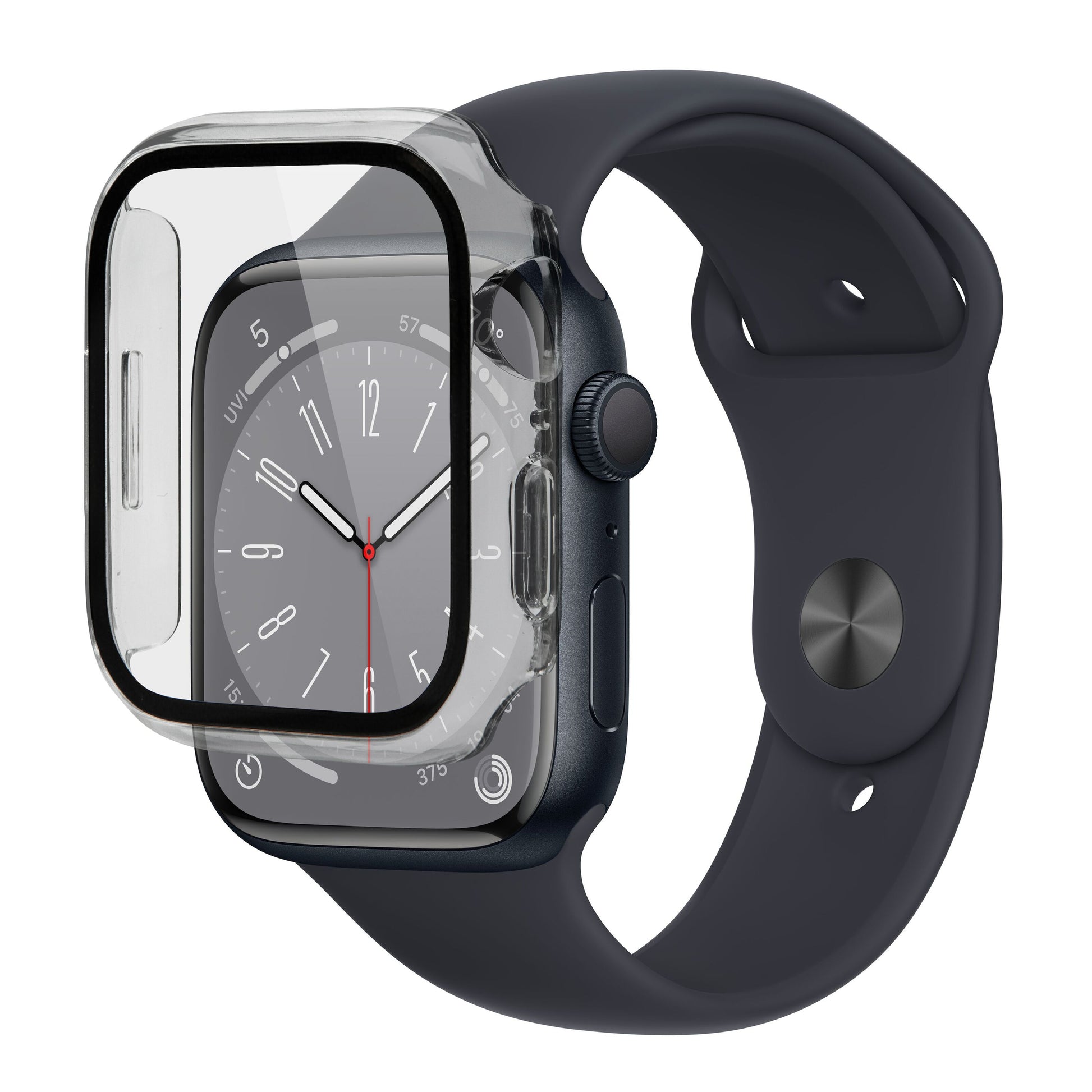 Apple Watch sort med mørk rem, gennemsigtigt cover 45 mm der delvist dækker urskiven med hvide visere og tal.