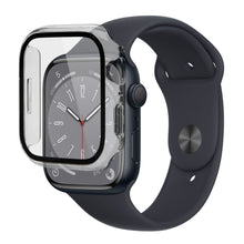 Apple Watch sort med mørk rem, gennemsigtigt cover 45 mm der delvist dækker urskiven med hvide visere og tal.