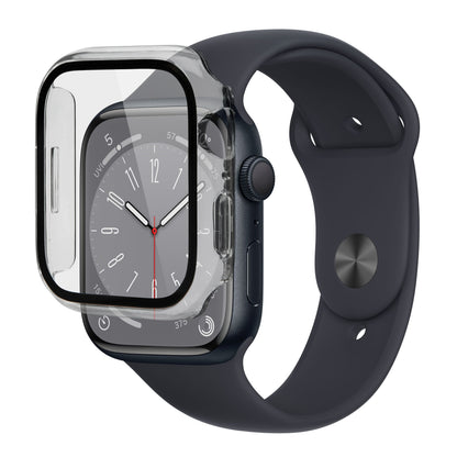 Apple Watch sort med mørk rem, gennemsigtigt cover 45 mm der delvist dækker urskiven med hvide visere og tal.