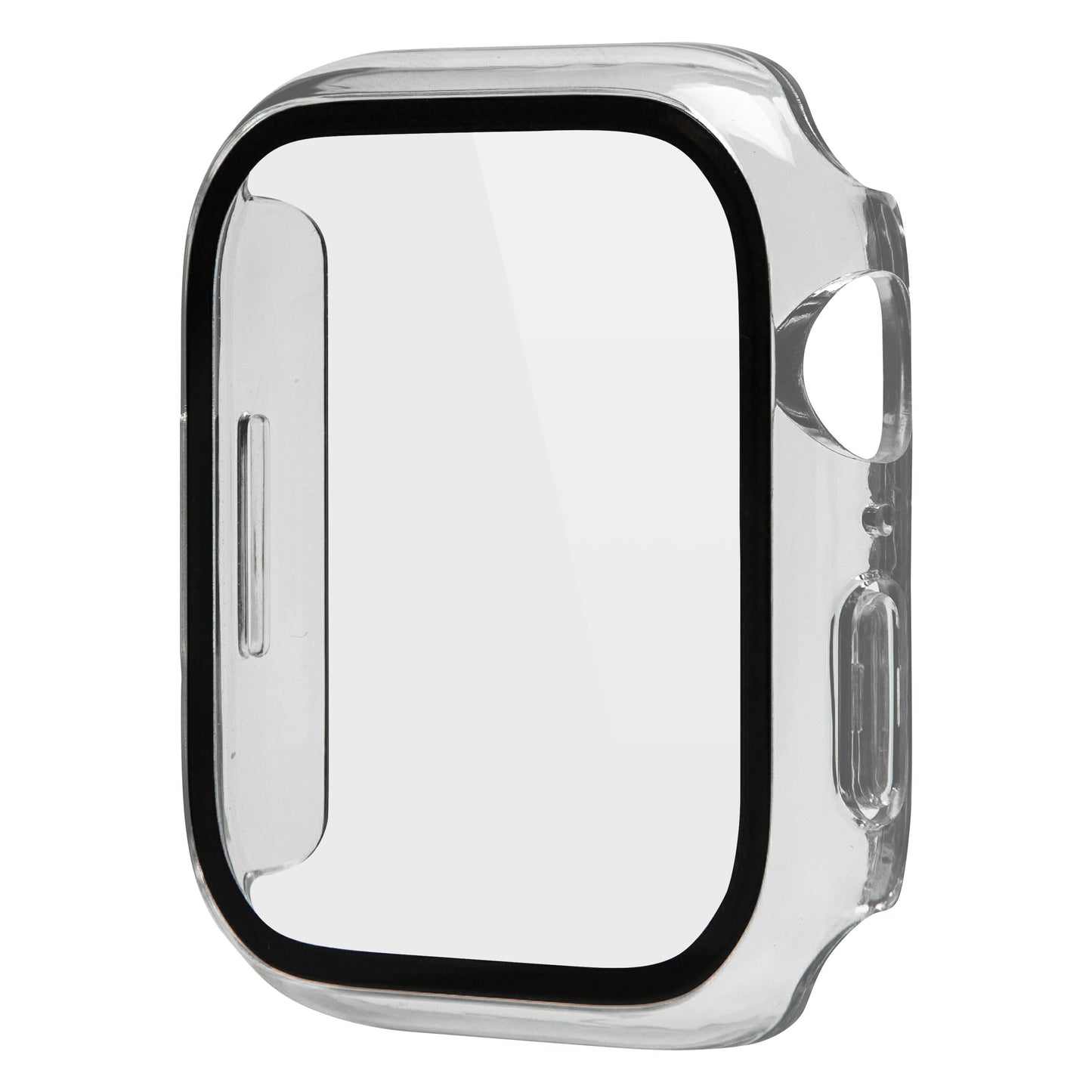 Apple Watch cover 45 mm transparent med sorte kanter og præcise udskæringer, inkl. hærdet glas skærmbeskyttelse.