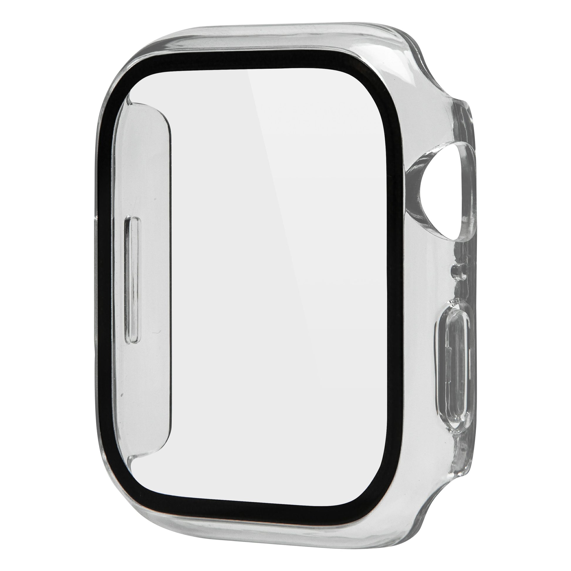 Apple Watch cover 45 mm transparent med sorte kanter og præcise udskæringer, inkl. hærdet glas skærmbeskyttelse.