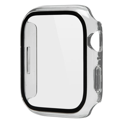 Apple Watch cover 45 mm transparent med sorte kanter og præcise udskæringer, inkl. hærdet glas skærmbeskyttelse.