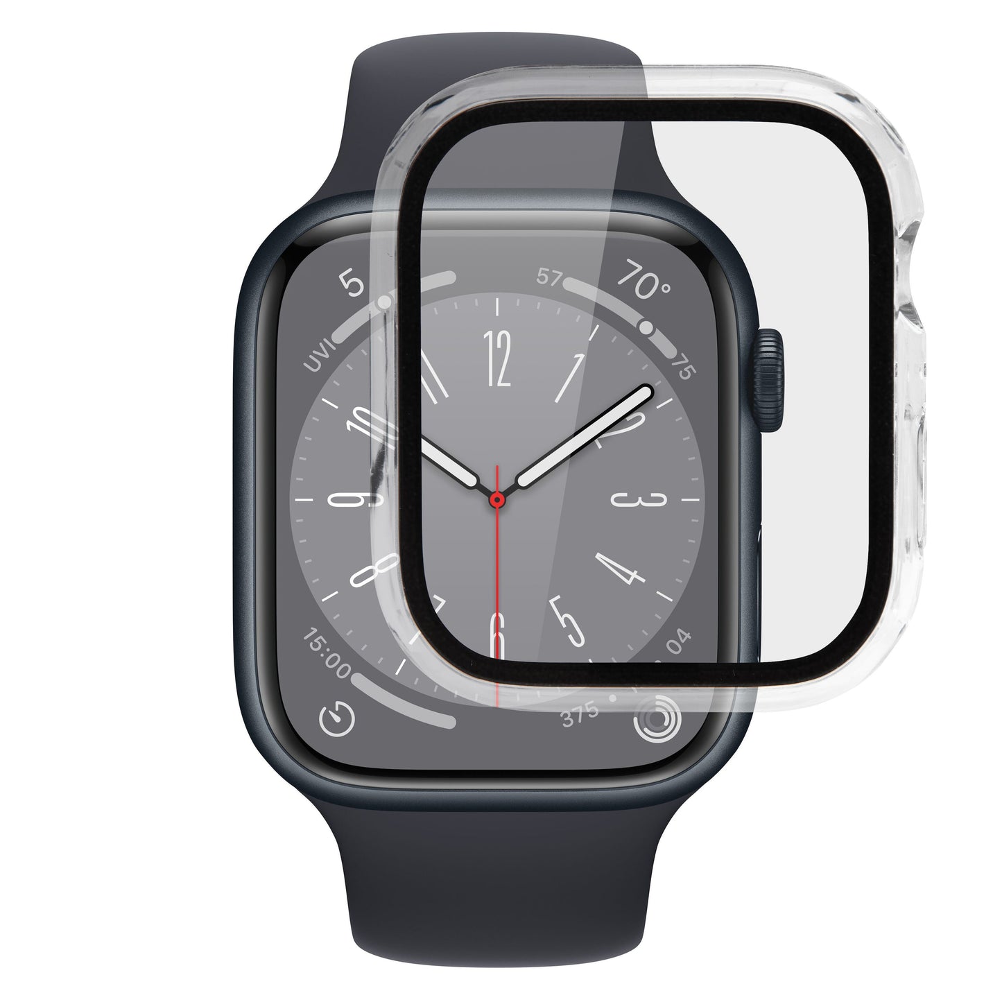 Apple Watch cover med skærmbeskyttelse 45 mm, sort ur med mørk rem, analogt display og hærdet glas ved urskiven.