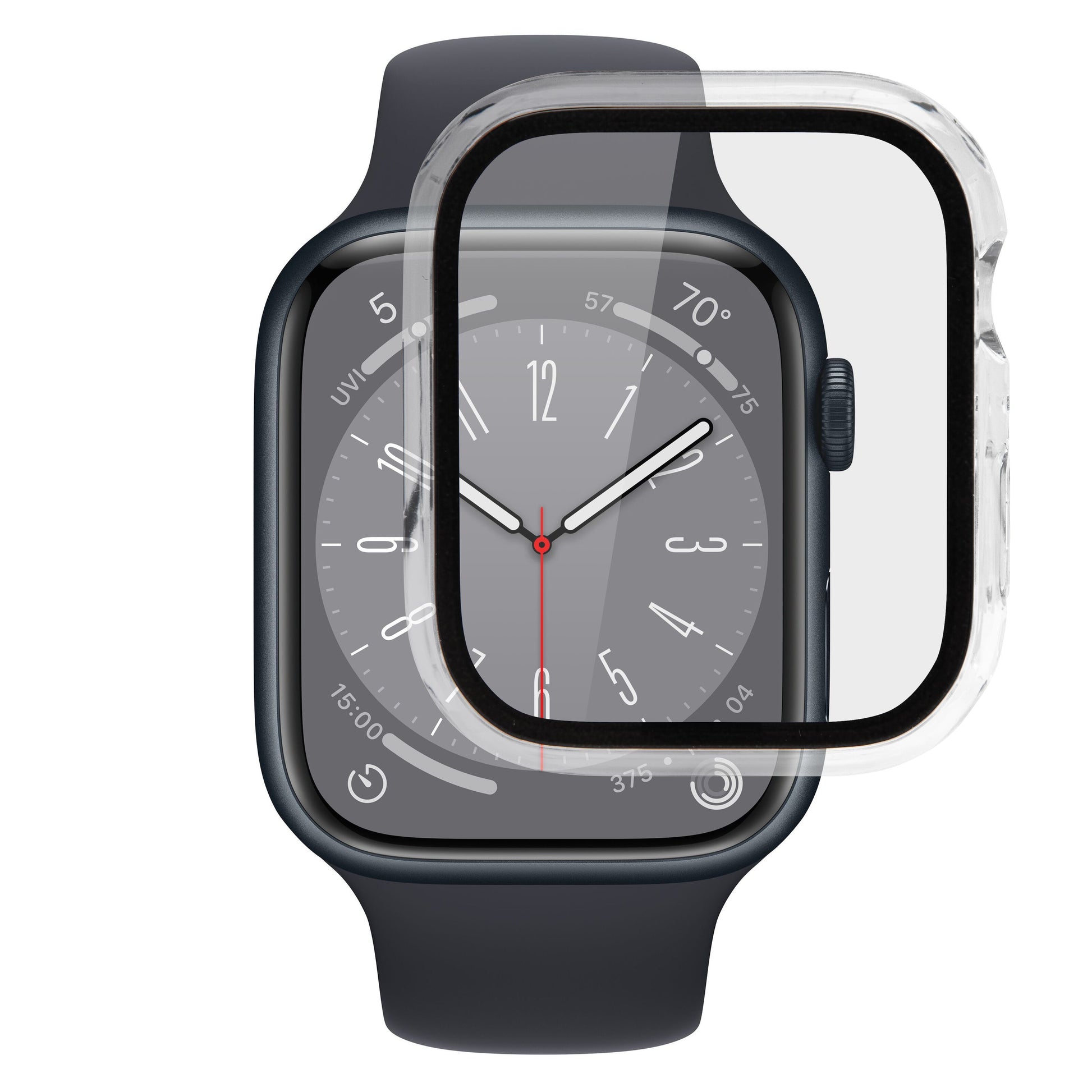Apple Watch cover med skærmbeskyttelse 45 mm, sort ur med mørk rem, analogt display og hærdet glas ved urskiven.