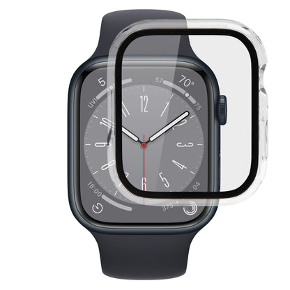 Apple Watch cover med skærmbeskyttelse 45 mm, sort ur med mørk rem, analogt display og hærdet glas ved urskiven.