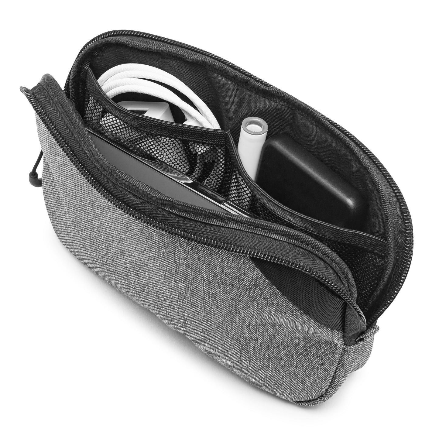 Linocell Tech Bag Slimline opbevaringstaske i grå med lynlås og netlommer til kabler, powerbanks og små gadgets.