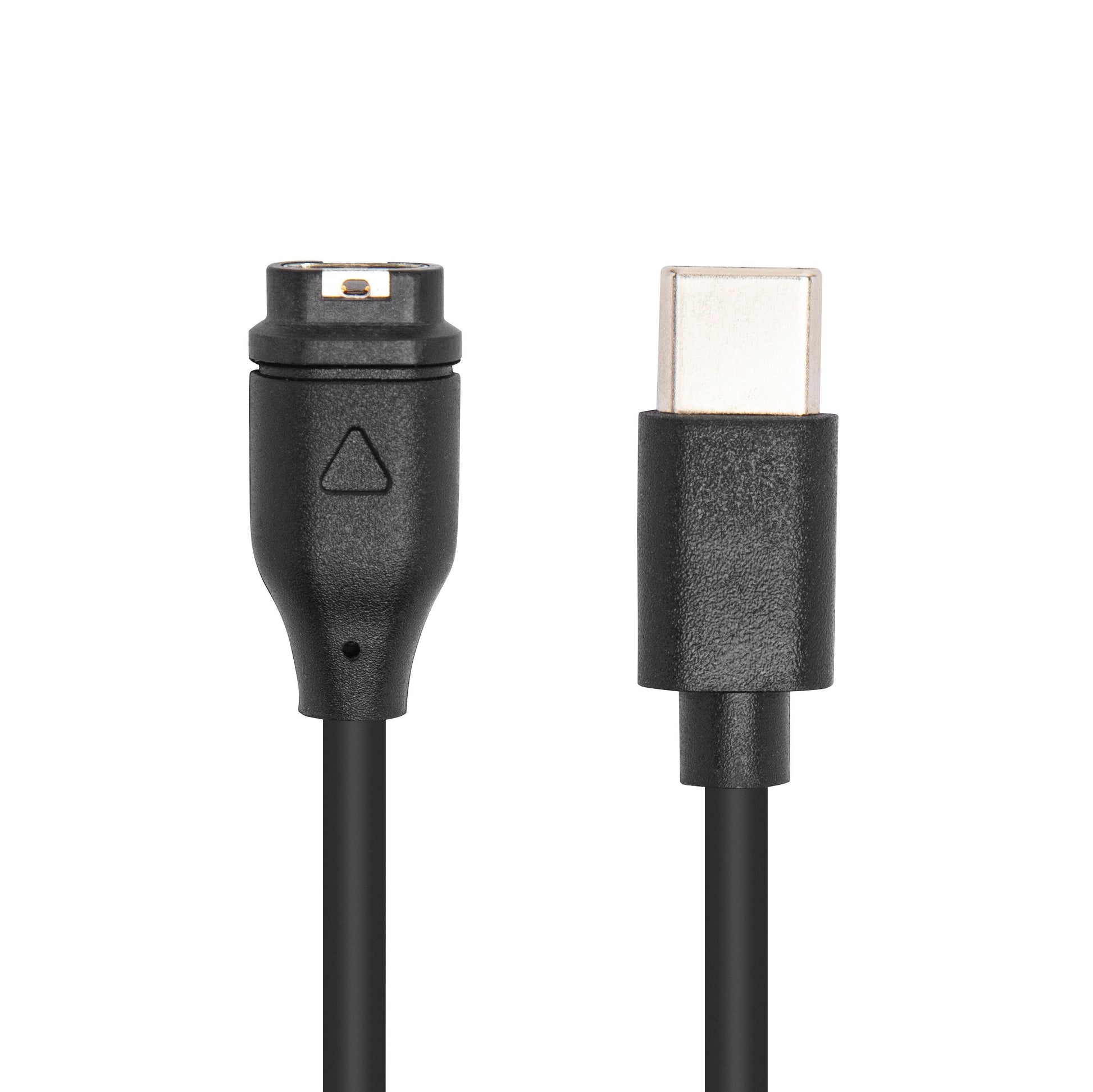Sort opladerkabel til Garmin-enheder USB-C med magnetisk ladehoved og USB-C-stik, begge stik vist side om side.