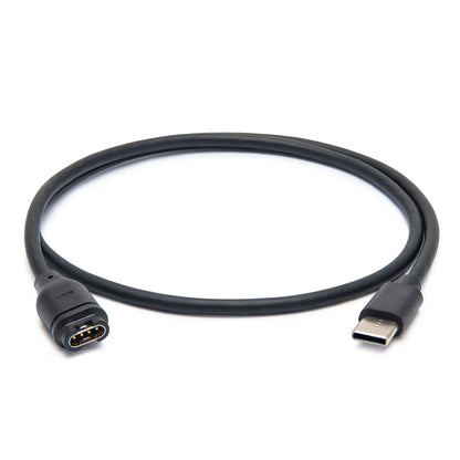 Opladerkabel USB-C til nyere Garmin-enheder med begge stik synlige.