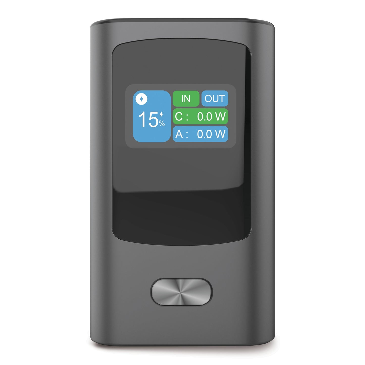 Sort Linocell Premium Powerbank 30W 10000mAh, digital skærm med 15 batteri, IN/OUT, USB-C PD, sølvknap under display.