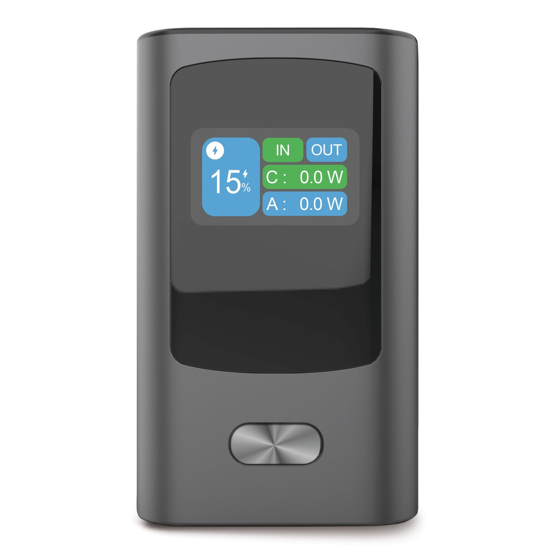 Sort Linocell Premium Powerbank 30W 10000mAh, digital skærm med 15 batteri, IN/OUT, USB-C PD, sølvknap under display.