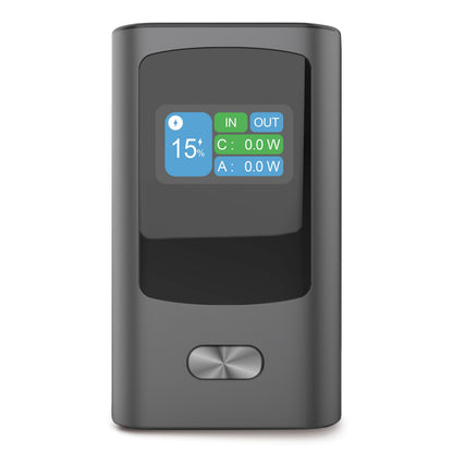 Sort Linocell Premium Powerbank 30W 10000mAh, digital skærm med 15 batteri, IN/OUT, USB-C PD, sølvknap under display.