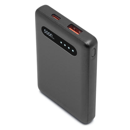 Linocell Powerbank 5000 mAh sort med USB-A og USB-C port, fire LED indikatorer og sideplaceret tænd/sluk-knap.