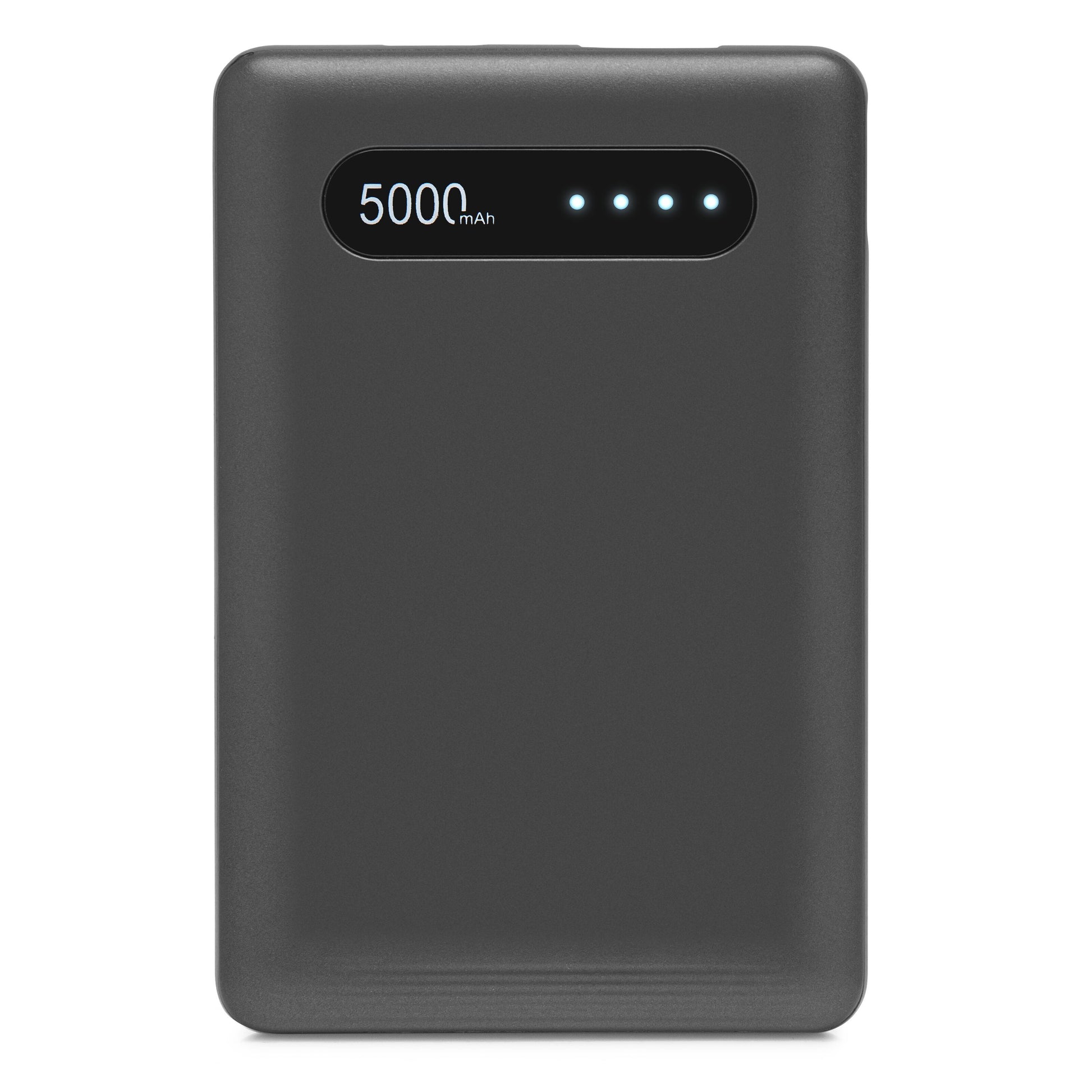 Linocell powerbank 5000 mAh sort med fire blå LED-indikatorer og USB-C port.