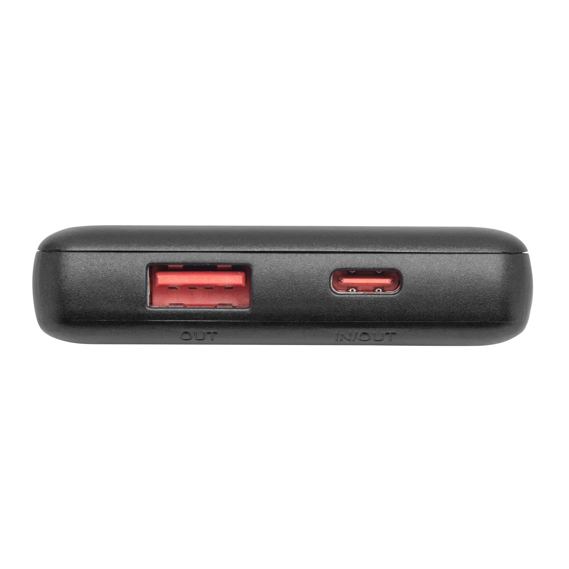 Linocell Powerbank 5000 mAh med én USB-A port (OUT) og én USB-C port (IN/OUT) synlig på siden.