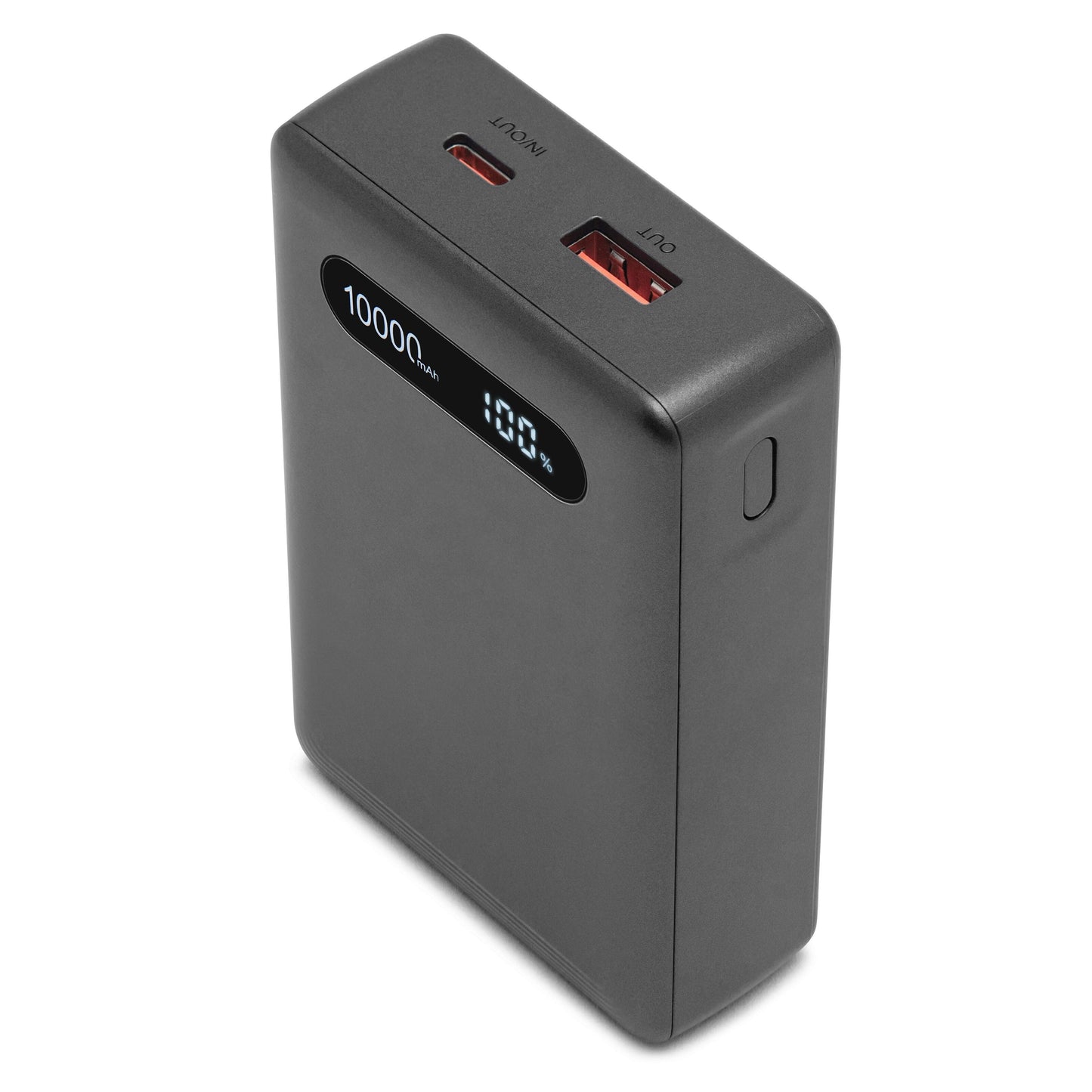 Linocell Powerbank sort 20W 10000mAh med digitalt display 100, USB-C og USB-A port øverst, power-knap på siden.