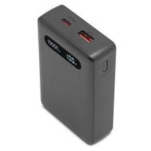 Linocell Powerbank sort 20W 10000mAh med digitalt display 100, USB-C og USB-A port øverst, power-knap på siden.