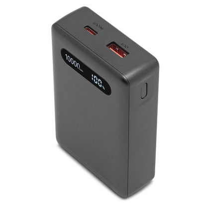 Linocell Powerbank sort 20W 10000mAh med digitalt display 100, USB-C og USB-A port øverst, power-knap på siden.