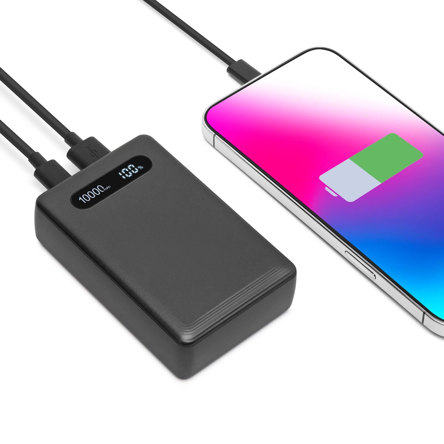 Linocell sort powerbank 20W 10000mAh viser "10000" og "100" oplader smartphone via USB-C kabel, opladningsikon på skærm.
