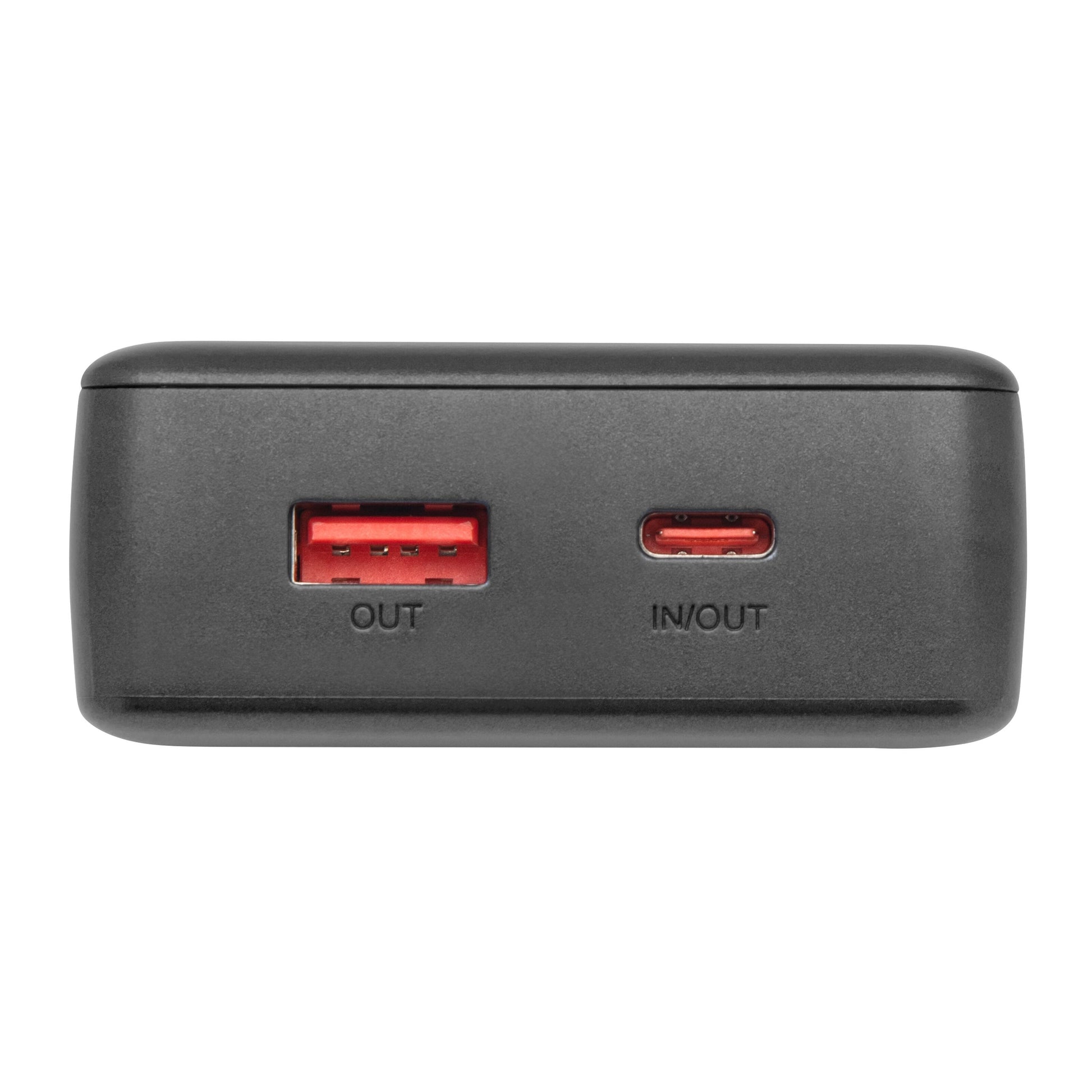 Linocell Powerbank 20W 10000mAh sort med USB-A port mærket OUT og mindre USB-C port mærket IN/OUT.