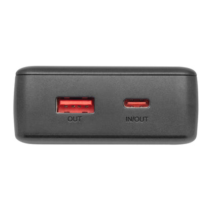 Linocell Powerbank 20W 10000mAh sort med USB-A port mærket OUT og mindre USB-C port mærket IN/OUT.