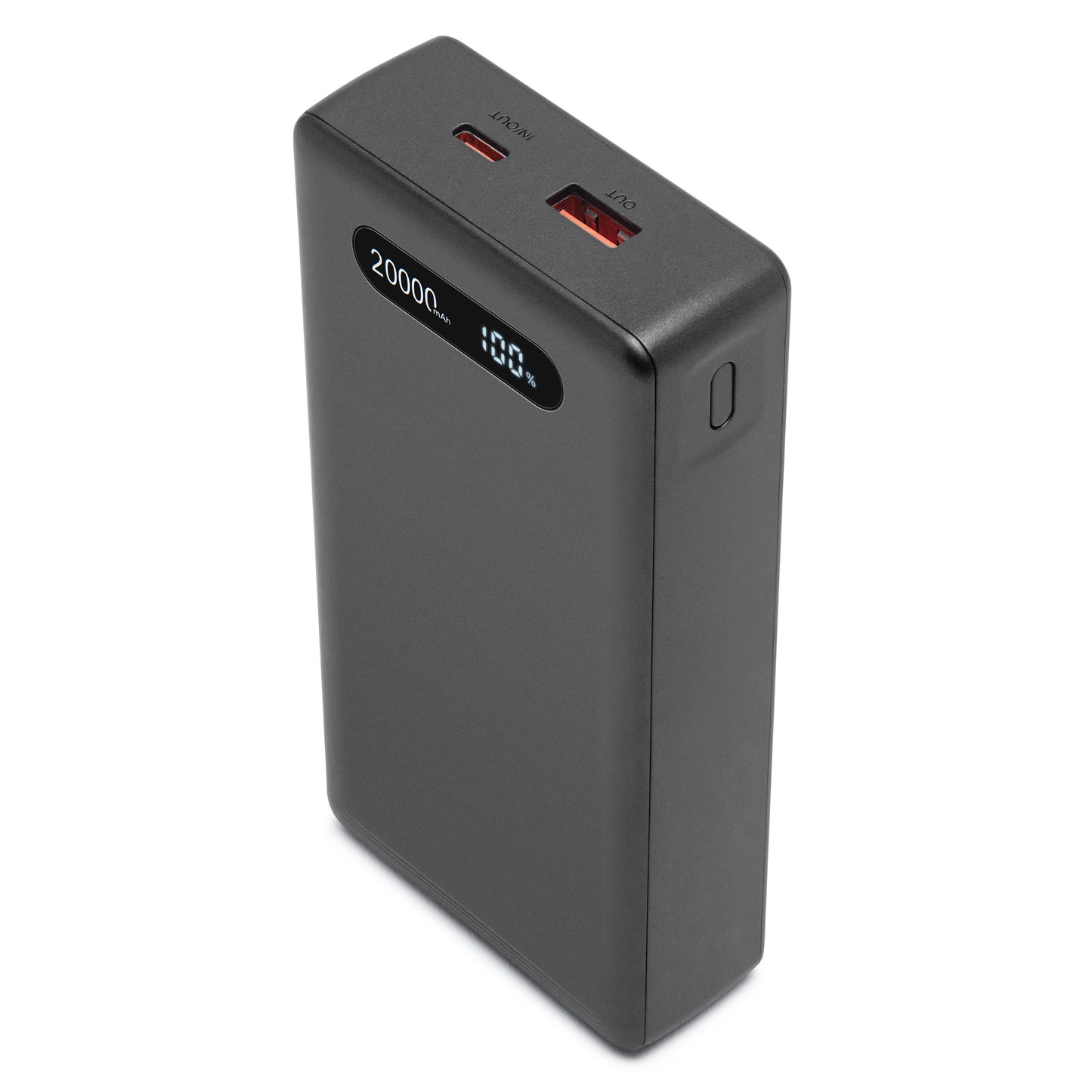 Linocell powerbank 20000 mAh 20 W sort med digitalt display, til USB-porte og sideplaceret tænd/sluk-knap, hurtig opladning.