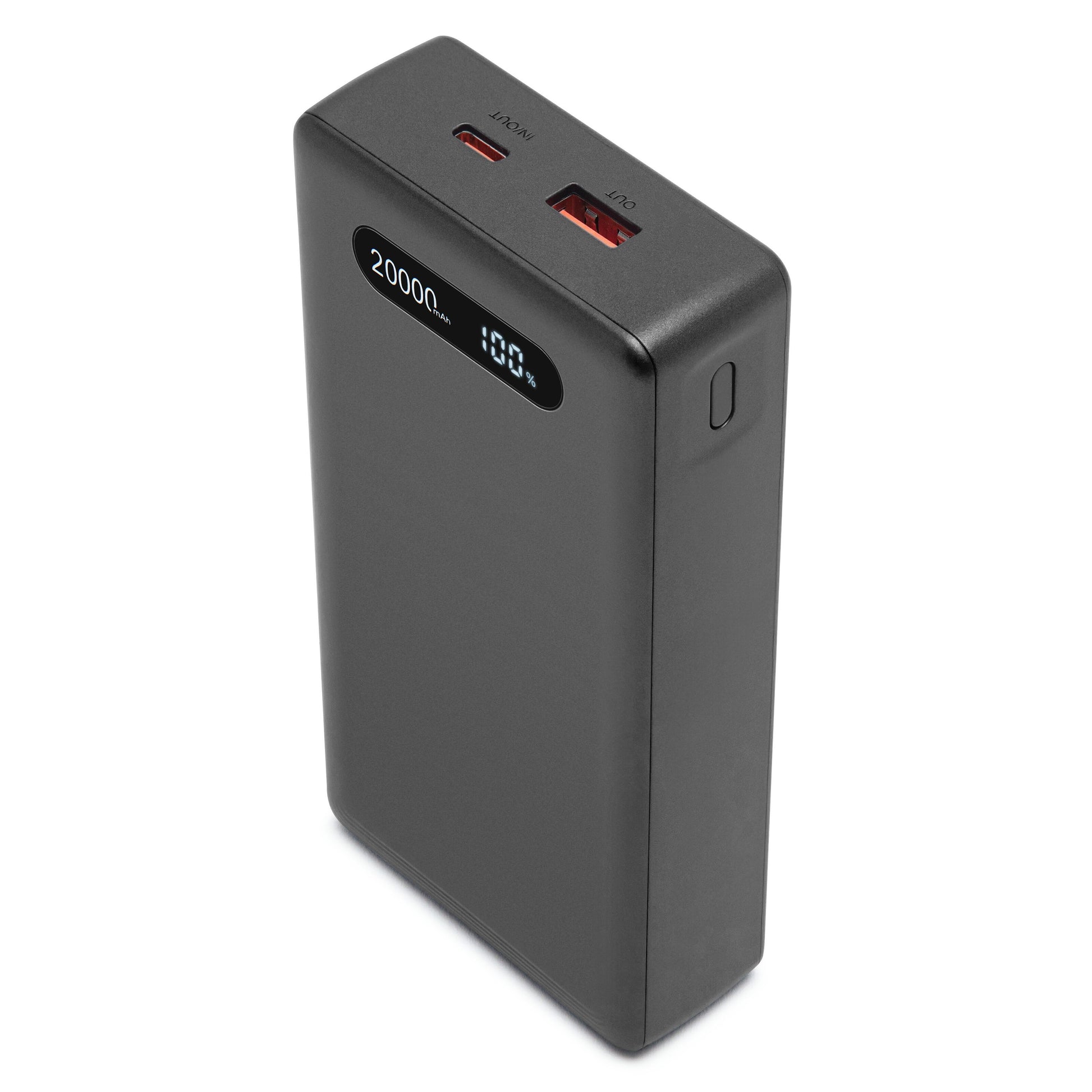 Linocell powerbank 20000 mAh 20 W sort med digitalt display, til USB-porte og sideplaceret tænd/sluk-knap, hurtig opladning.