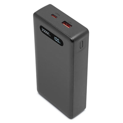 Linocell powerbank 20000 mAh 20 W sort med digitalt display, til USB-porte og sideplaceret tænd/sluk-knap, hurtig opladning.