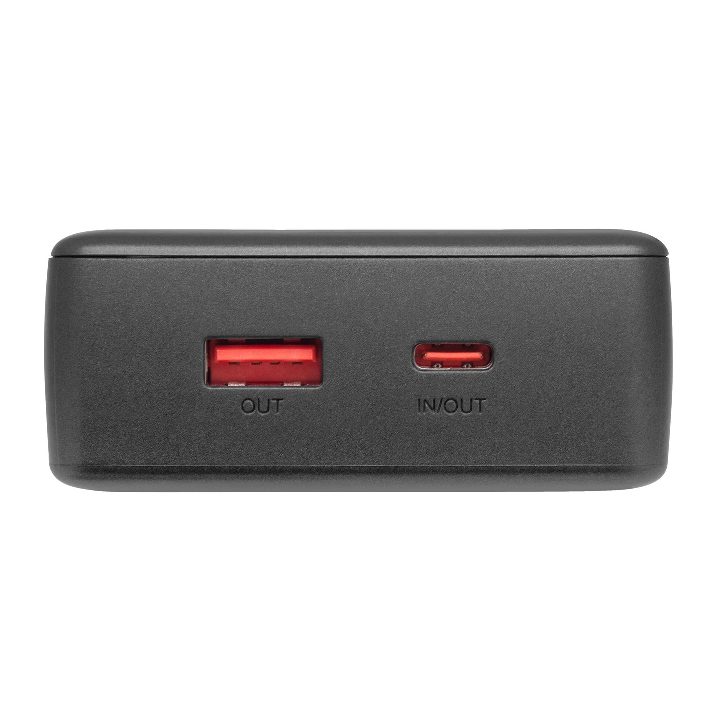 Linocell Powerbank 20W 20000mAh sort, USB-A-port mærket OUT og USB-C-port mærket IN/OUT (20W) på fronten.