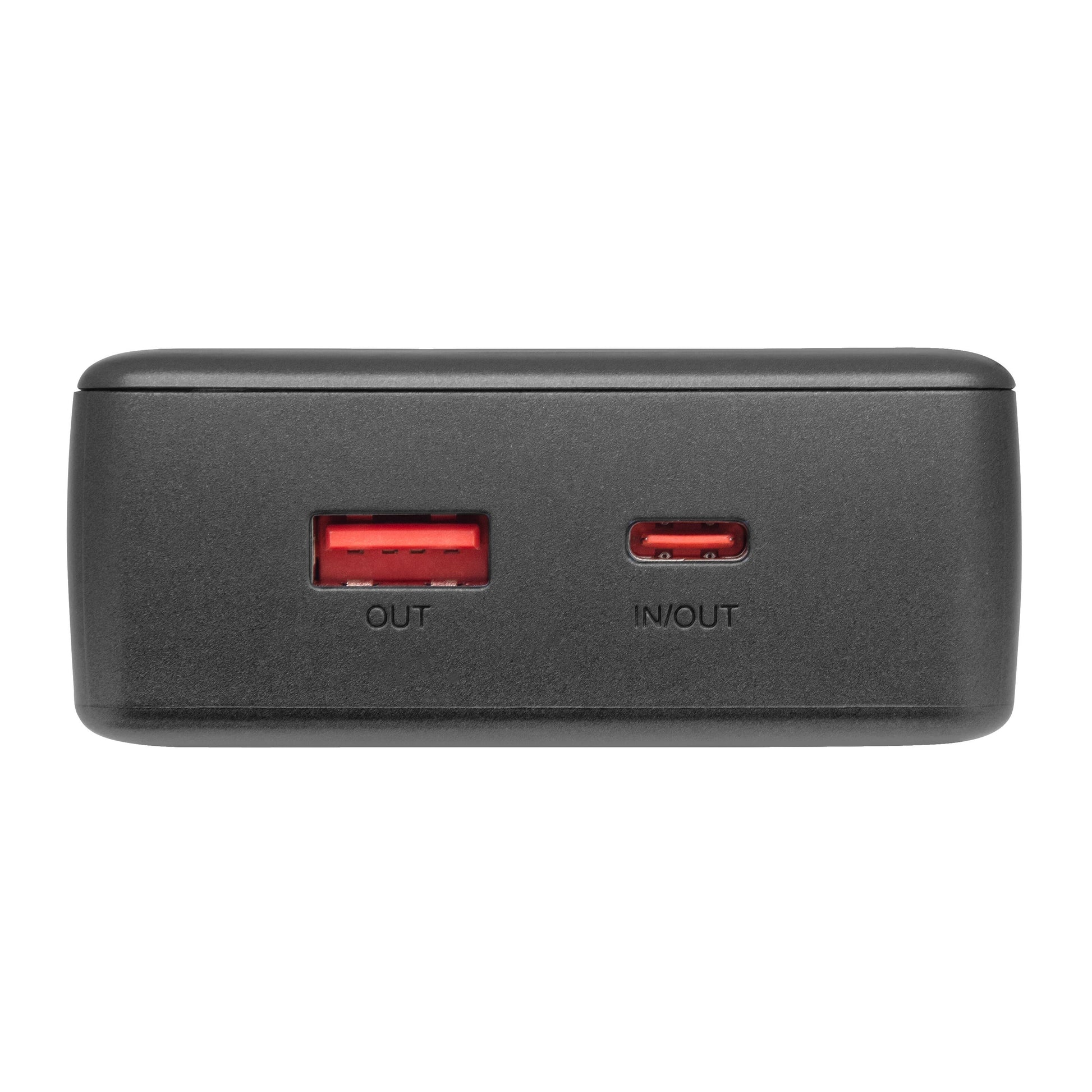 Linocell Powerbank 20W 20000mAh sort, USB-A-port mærket OUT og USB-C-port mærket IN/OUT (20W) på fronten.