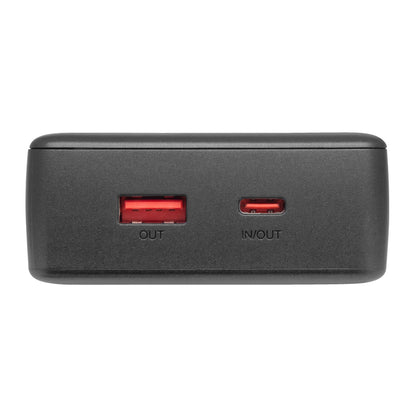 Linocell Powerbank 20W 20000mAh sort, USB-A-port mærket OUT og USB-C-port mærket IN/OUT (20W) på fronten.