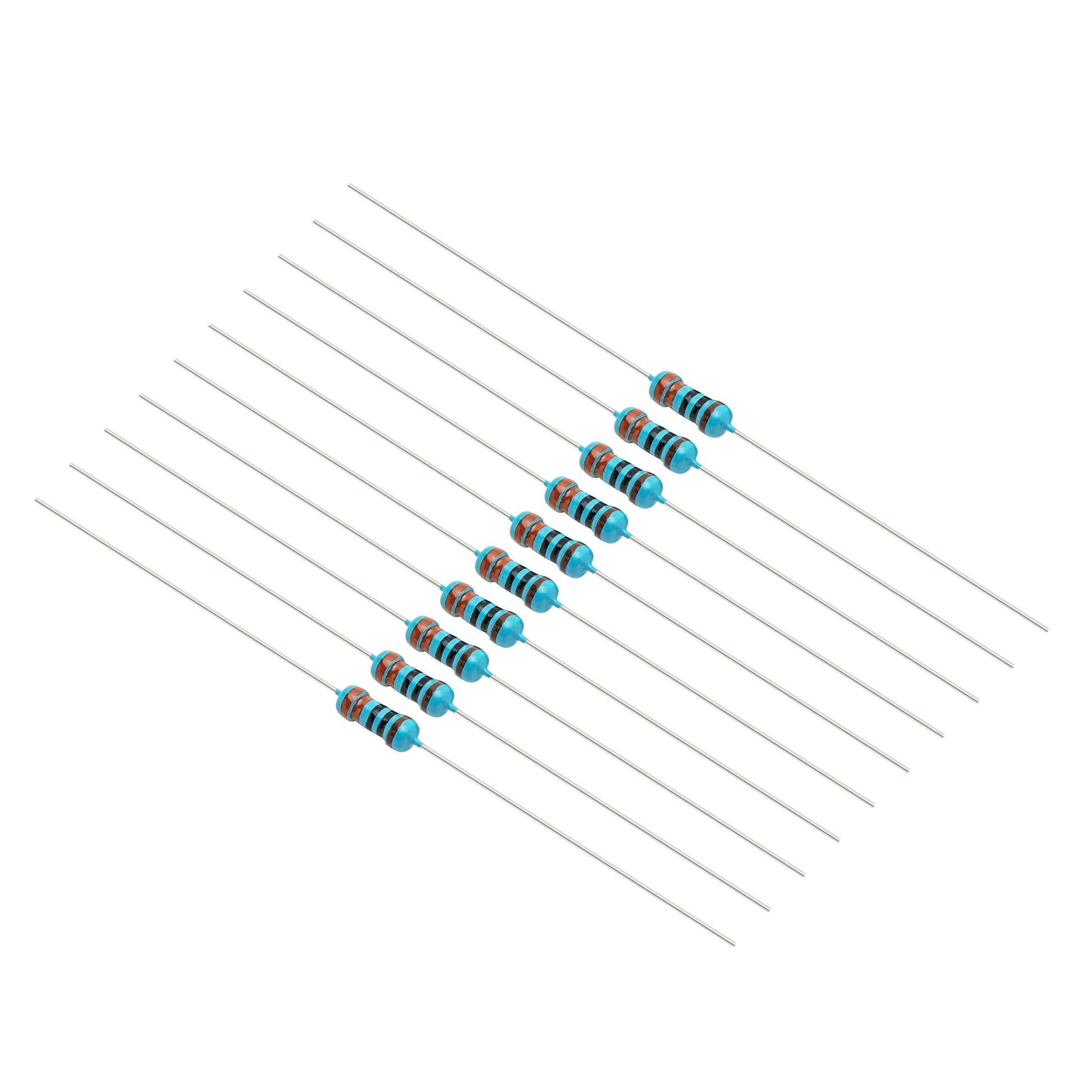 Blå cylindriske modstande med farvede bånd og metalben, del af Luxorparts Modstandssæt 1460 stk.