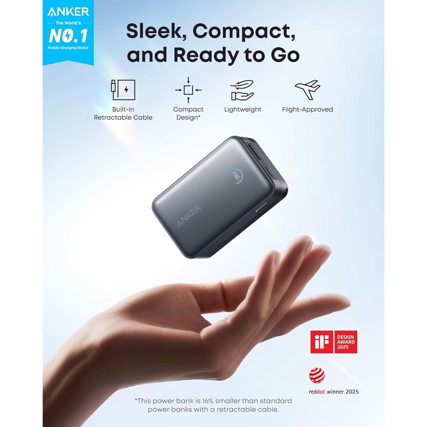 Anker Nano Powerbank 10.000 mAh 45 W sort med udtrækkeligt kabel, kompakt design, flygodkendelses-ikon og Red Dot Award.