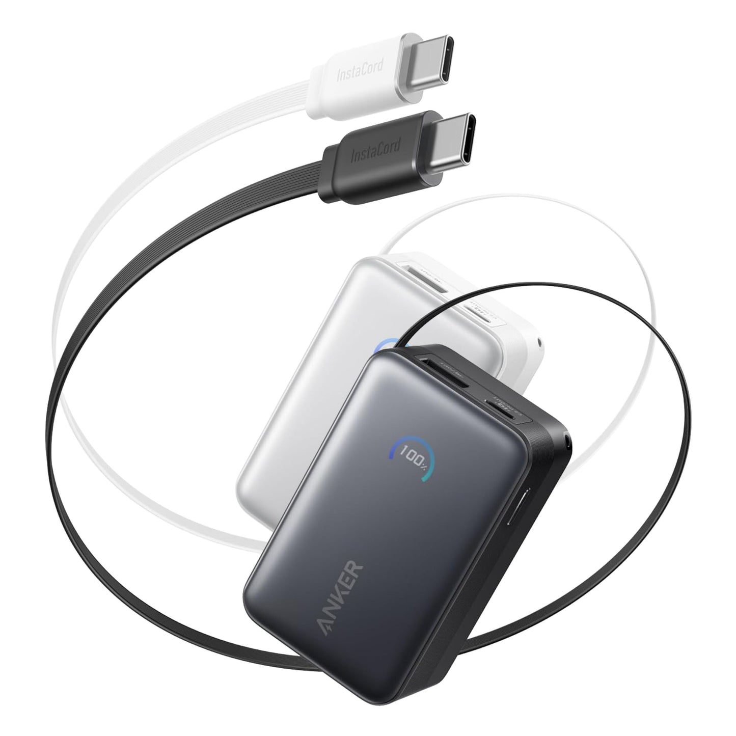 Anker Nano Powerbank 10.000 mAh 45W i sort og hvid med USB-C kabel, sort model med digitalt display og hurtig opladning.