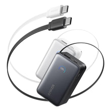 Anker Nano Powerbank 10.000 mAh 45W i sort og hvid med USB-C kabel, sort model med digitalt display og hurtig opladning.