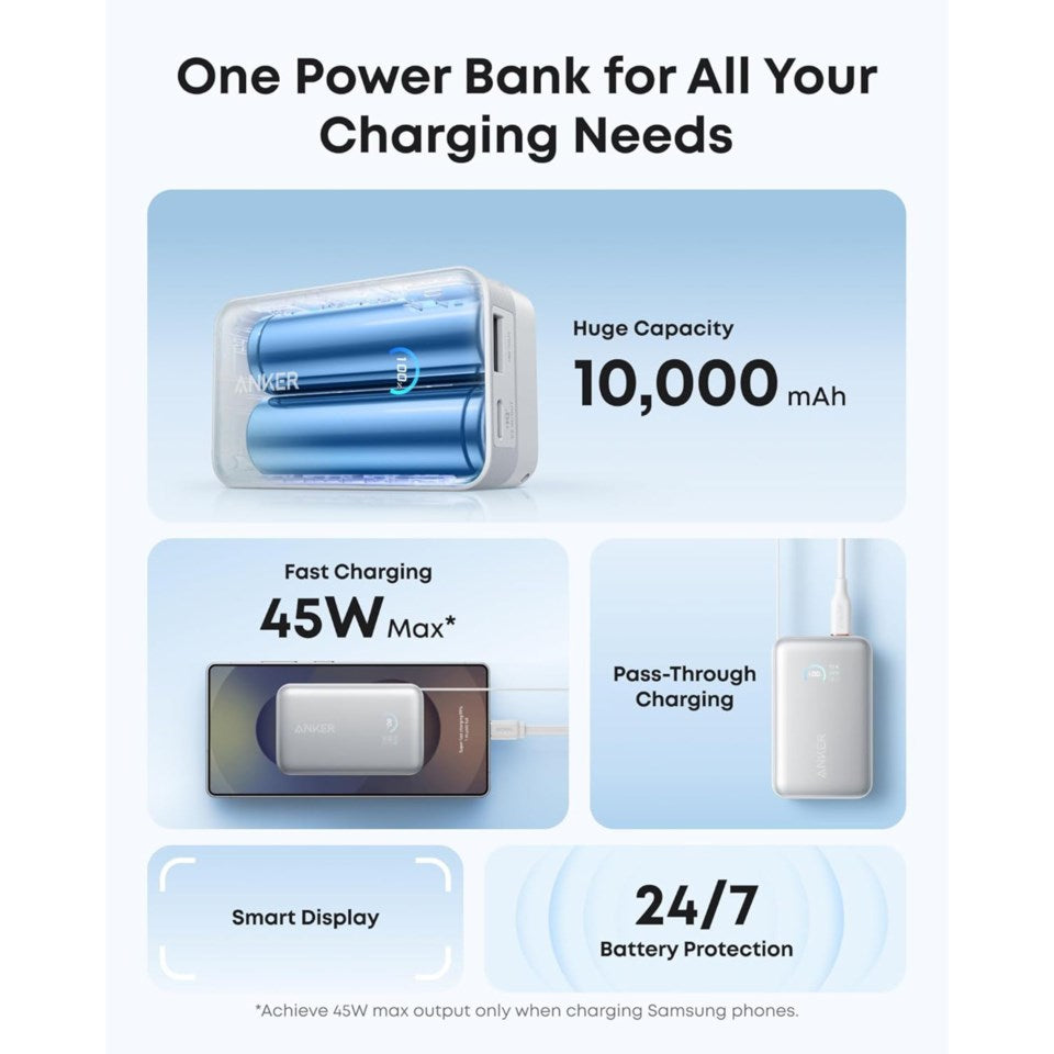 Anker Nano Powerbank 10.000 mAh 45W hvid med USB-C hurtigopladning, pass-through opladning og smart display.