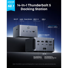 Anker Thunderbolt 5 Dockingstation 140W med HDMI, DisplayPort, SD/TF kortslot, USB-C/A, Ethernet, lydstik, power og AC input.