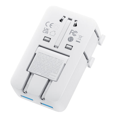 Anker Nano Travel Adapter 5-i-1 20W hvid, kompakt universaladapter med til justerbart stik og til blå USB-porte.