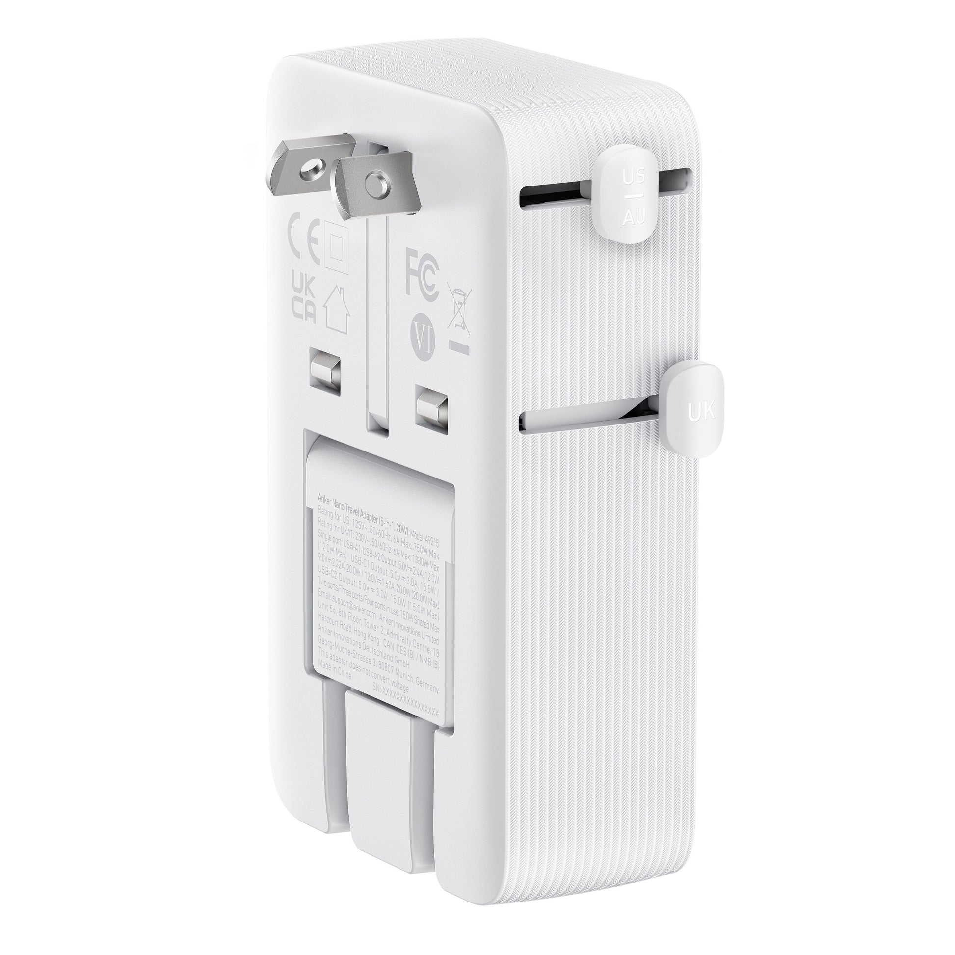 Anker Nano Travel Adapter 5-i-1 rejseadapter 20W Hvid med udtrækkelige stik til US, UK, AU og USB porte, regionsmærket.
