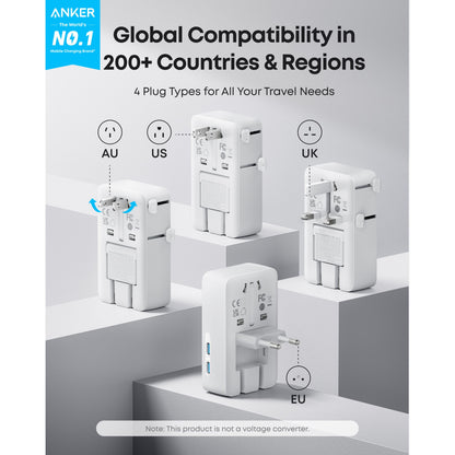 Anker Nano Travel Adapter 5-i-1 20W hvid universal rejseadapter med AU, US, UK, EU stik vist med regionsikoner.